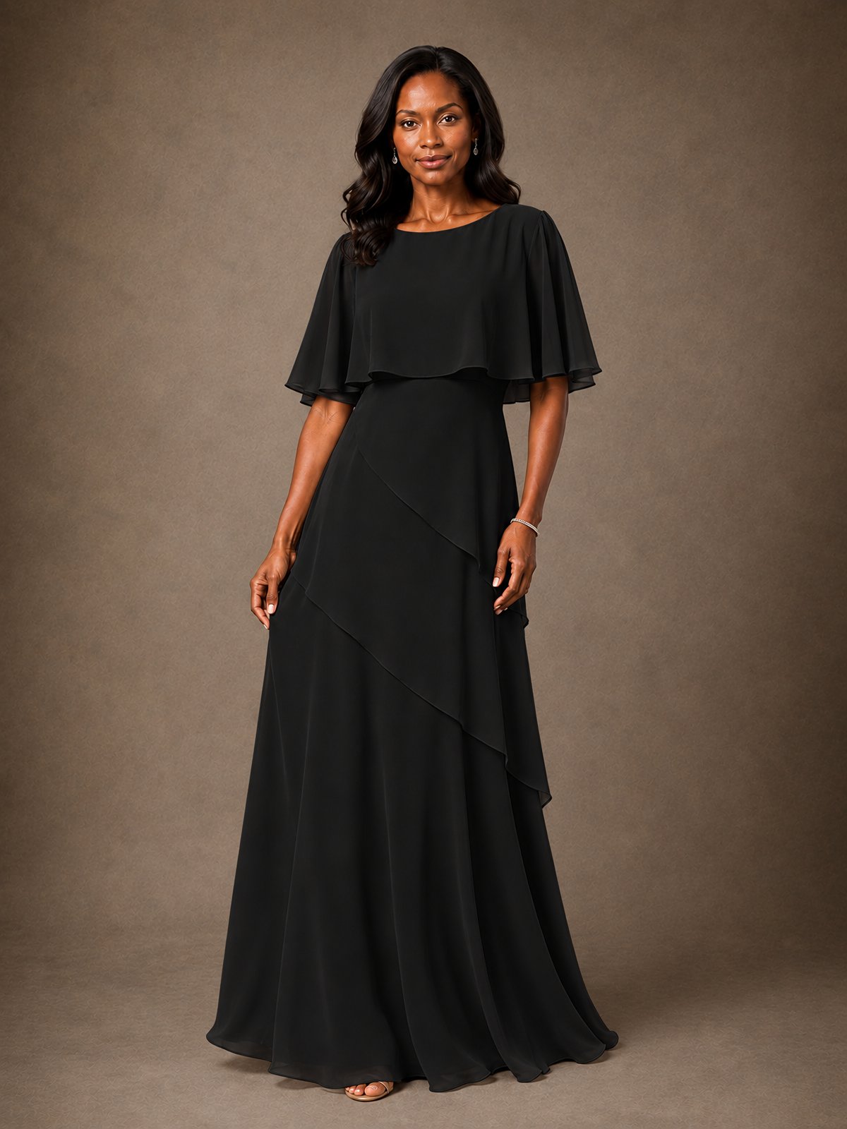 Taupe Chiffon A-Line Mother of the Bride Dress with Cape Sleeves