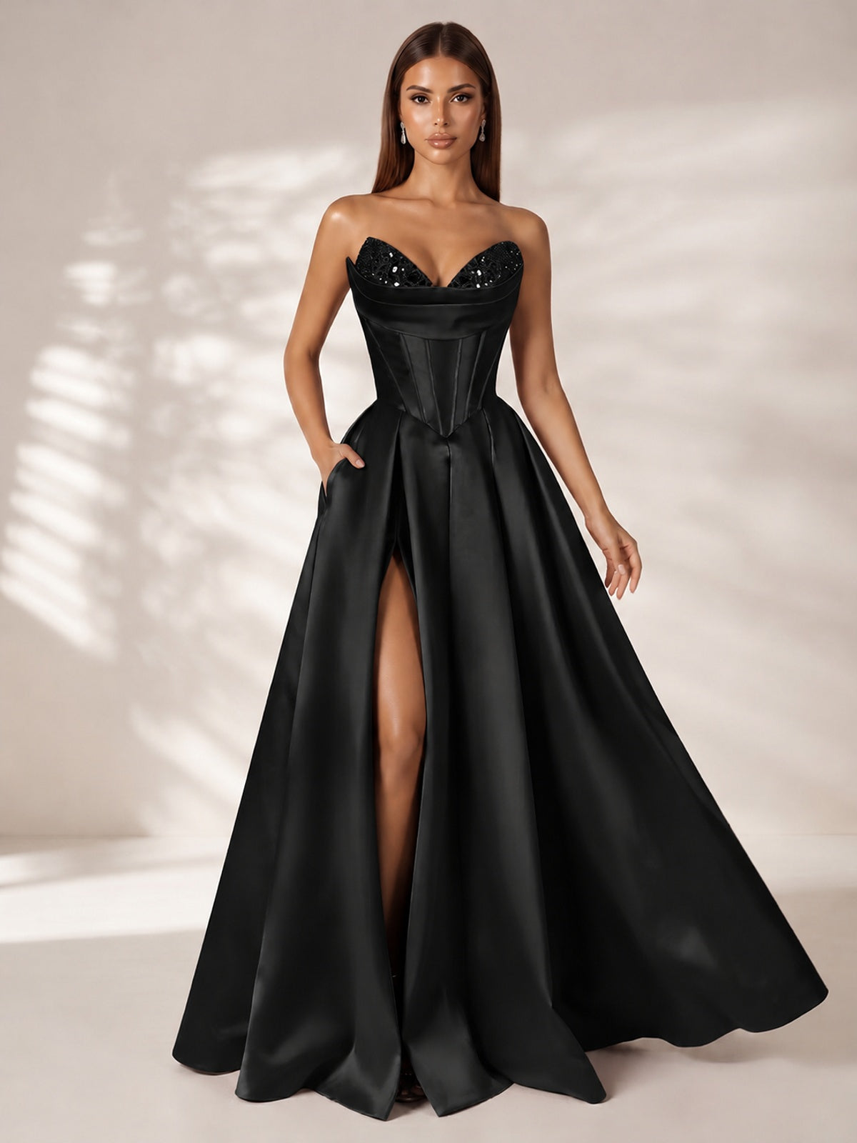 Strapless Corset Satin Prom Dress Long Evening Gown with High Slit