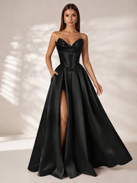 Strapless Corset Satin Prom Dress Long Evening Gown with High Slit