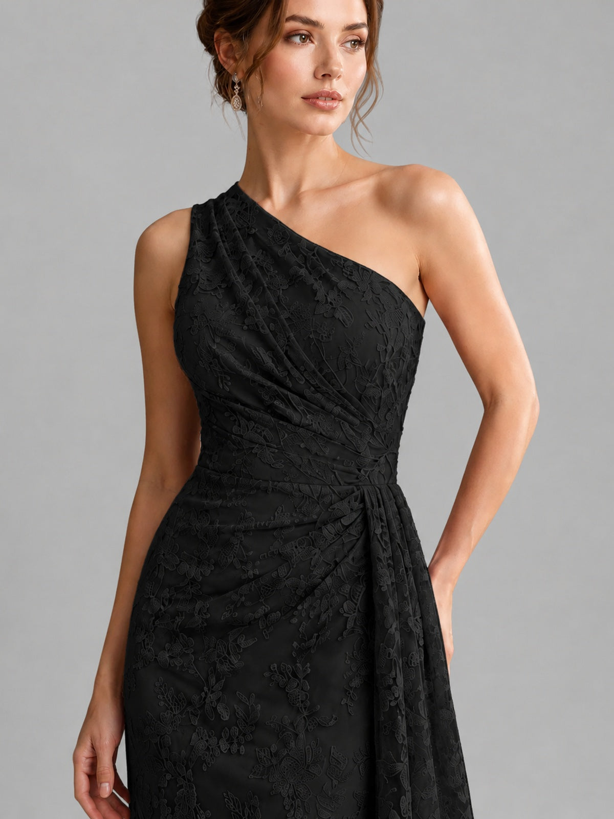 One-Shoulder Ruched Floral Lace Floor-Length Prom Dress
