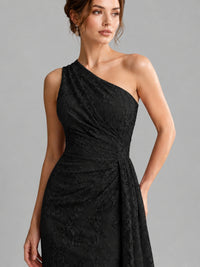 One-Shoulder Ruched Floral Lace Floor-Length Prom Dress