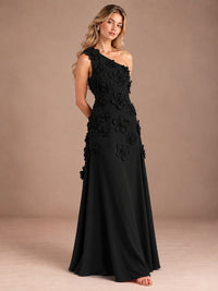 Sage Green One Shoulder Satin Formal Maxi Dress with 3D Floral