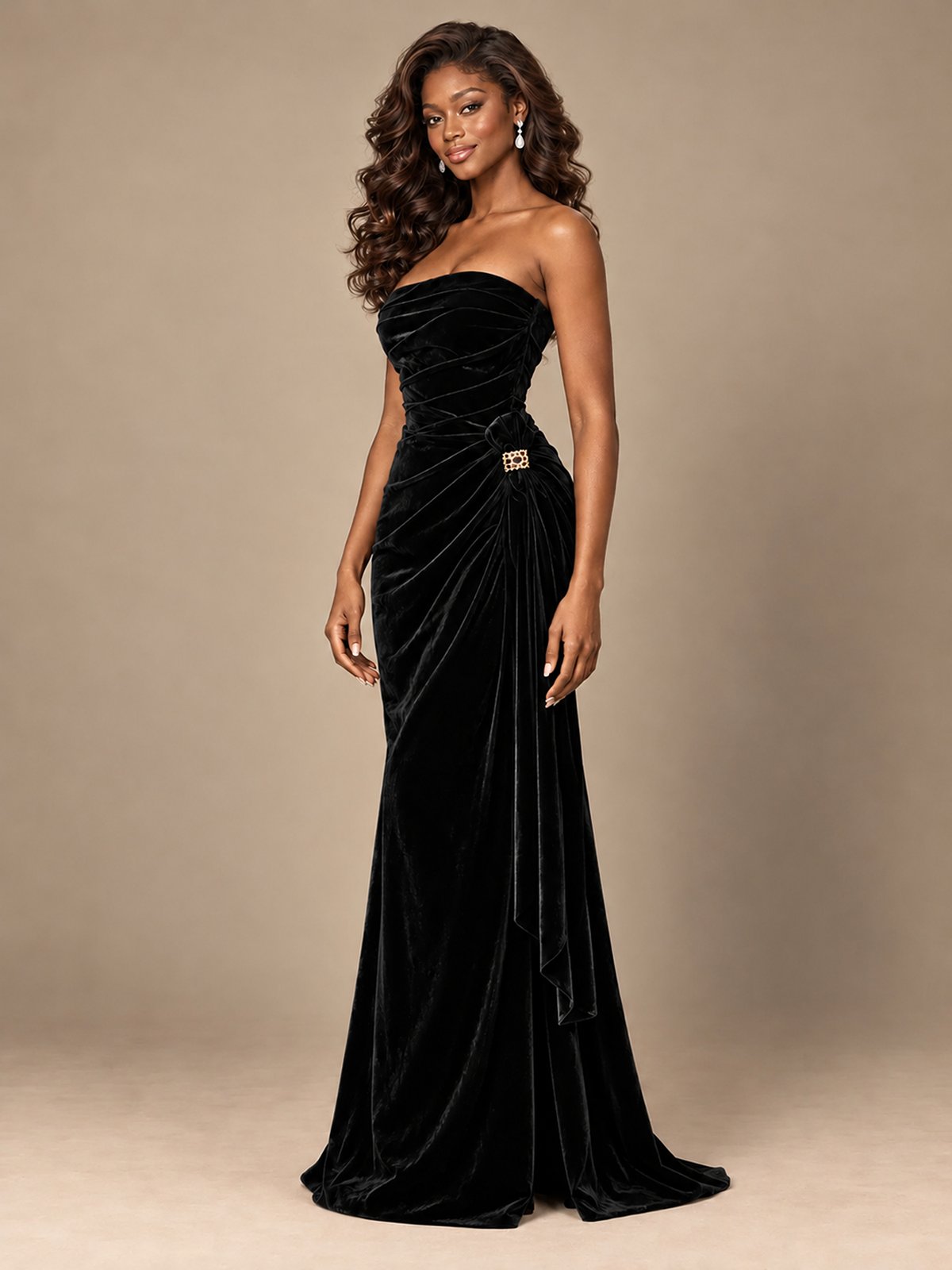 Burgundy Velvet Strapless Ruched Prom Dress with Jeweled Side Drape