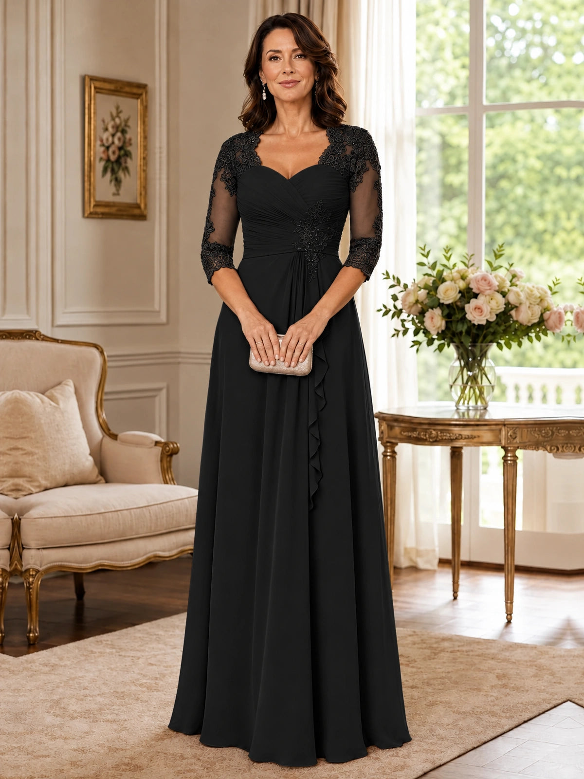 Chiffon Lace Applique Mother of the Bride Dress with 3/4 Sleeves