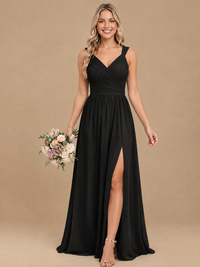 Pleated Chiffon V Neck Wedding Bridesmaid Dresses Floor Length with Slit