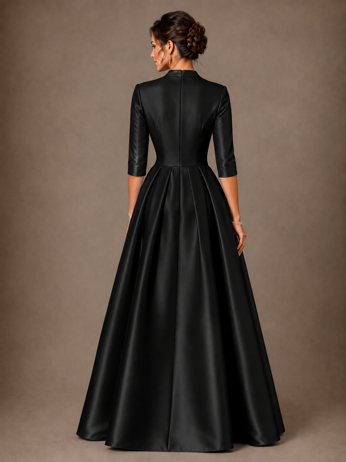 V-Neck Pleated Satin Mother of the Bride Gown with 3/4 Sleeves