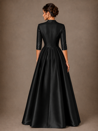V-Neck Pleated Satin Mother of the Bride Gown with 3/4 Sleeves