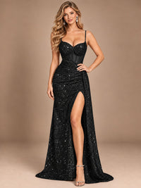 Burgundy Sequin Corset Prom Dress with High Slit