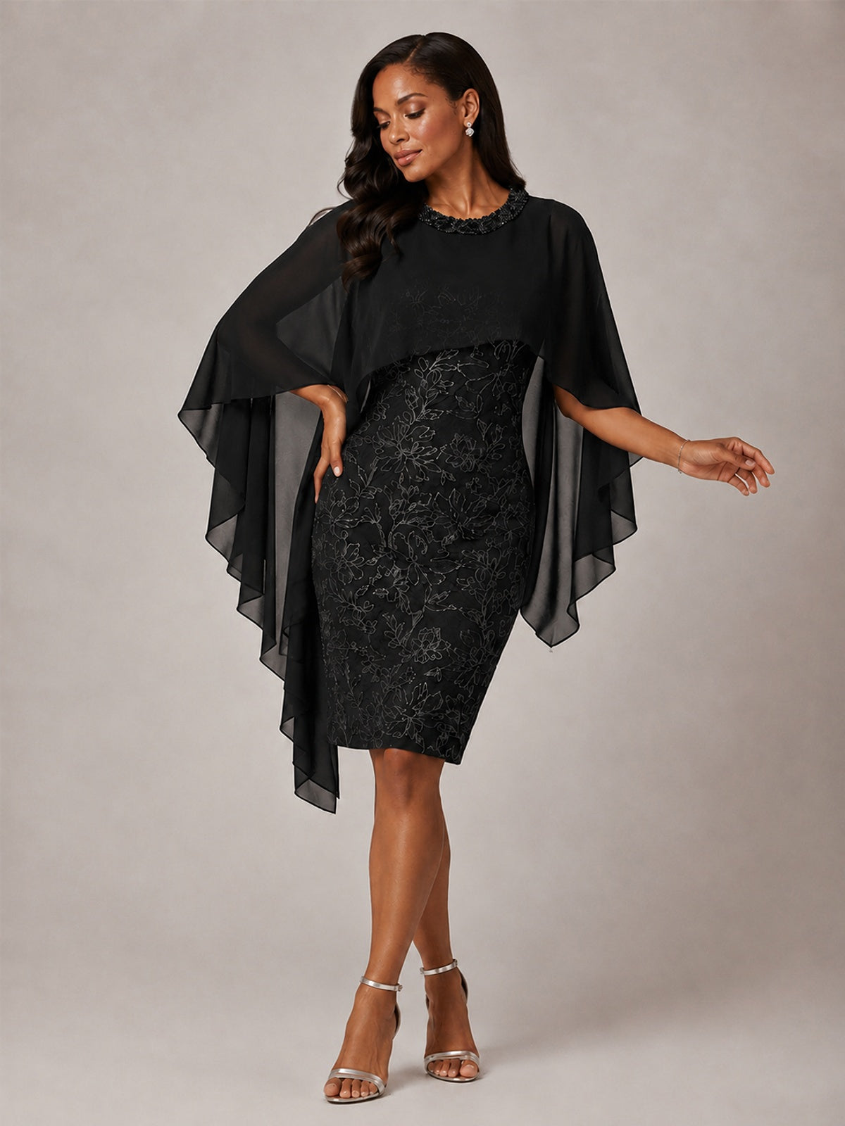 Floral Sheath Mother of the Bride Dress with Cape Overlay