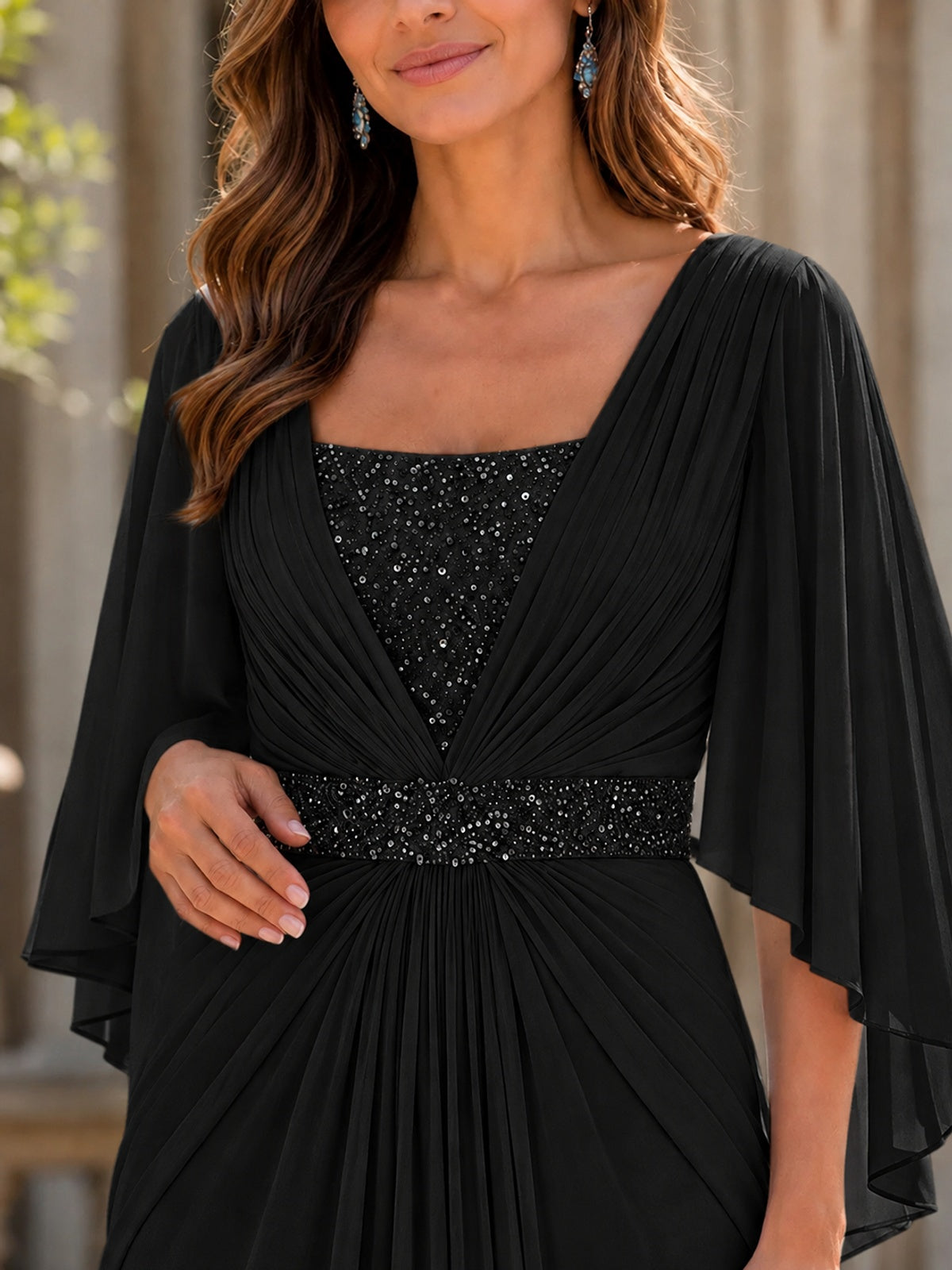 Elegant V-Neck Sequined Chiffon Mother of the Bride Dress with Flutter Sleeves