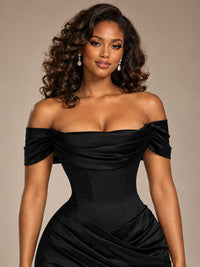 Burgundy Off-the-Shoulder Satin Corset Prom Dress with Slit