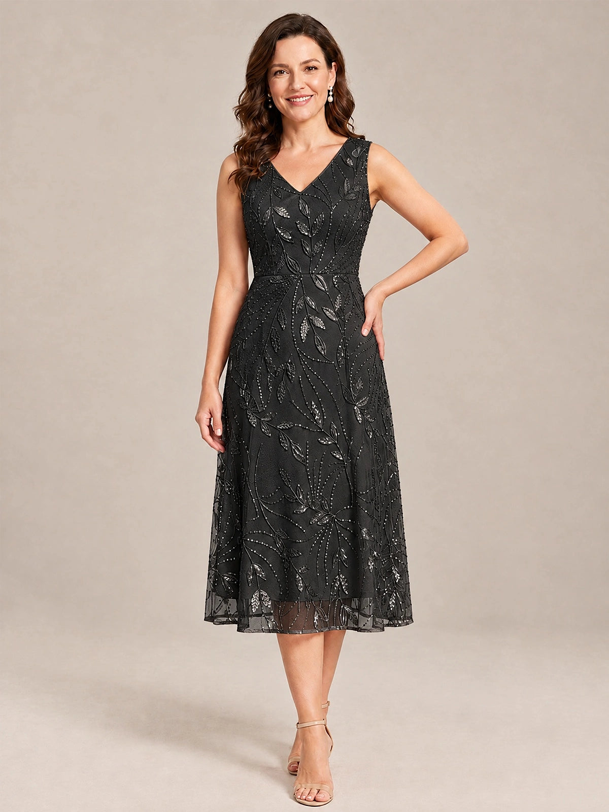 Tea Length Sequin Lace Mother of the Bride Dress with Chiffon Jacket