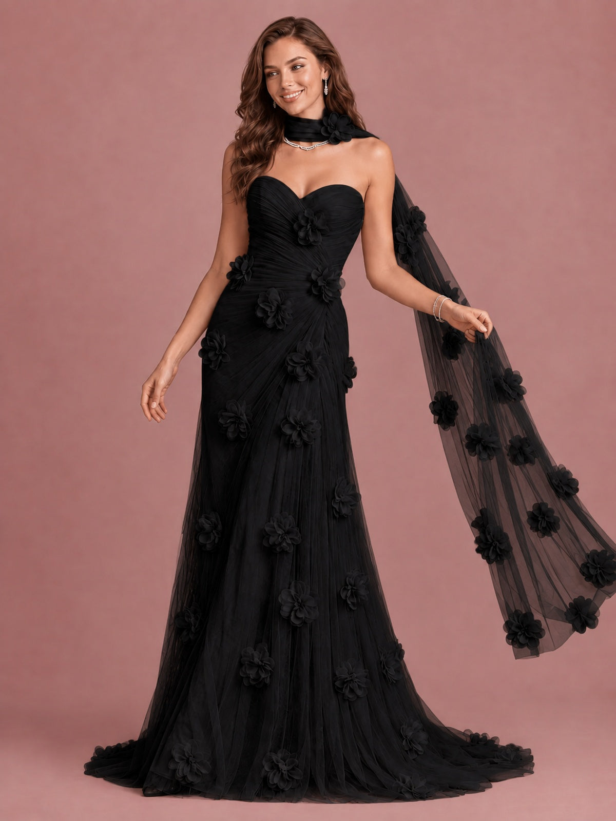 Blush Pink Strapless Sweetheart 3D Floral Tulle Mermaid Prom Dress