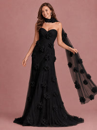 Blush Pink Strapless Sweetheart 3D Floral Tulle Mermaid Prom Dress