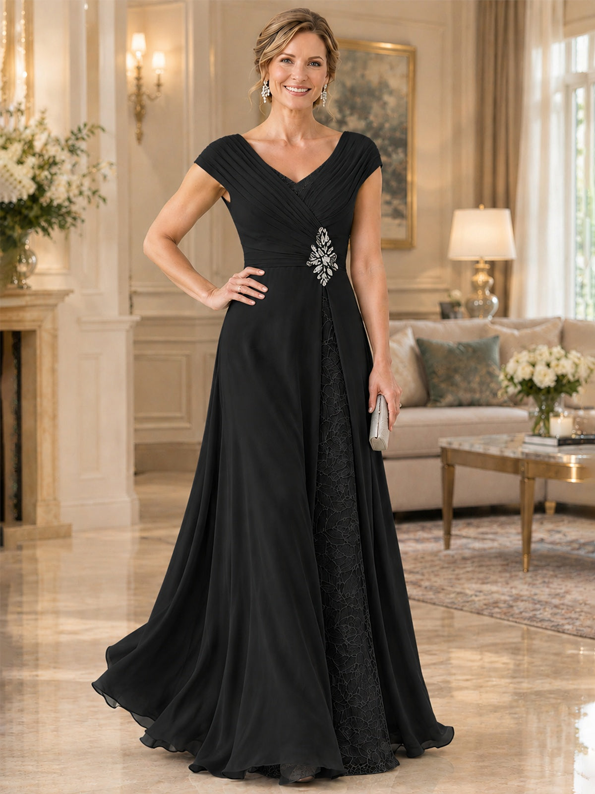 Pleated Chiffon Lace Mother of The Bride Dresses with Beading Cap Sleeves