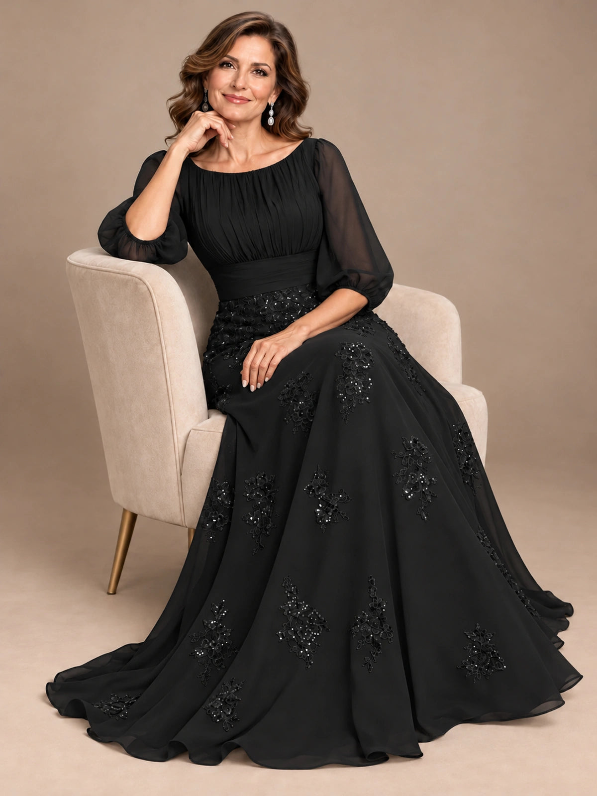 A-Line Mother of the Bride Dress with Sheer Puff Sleeves