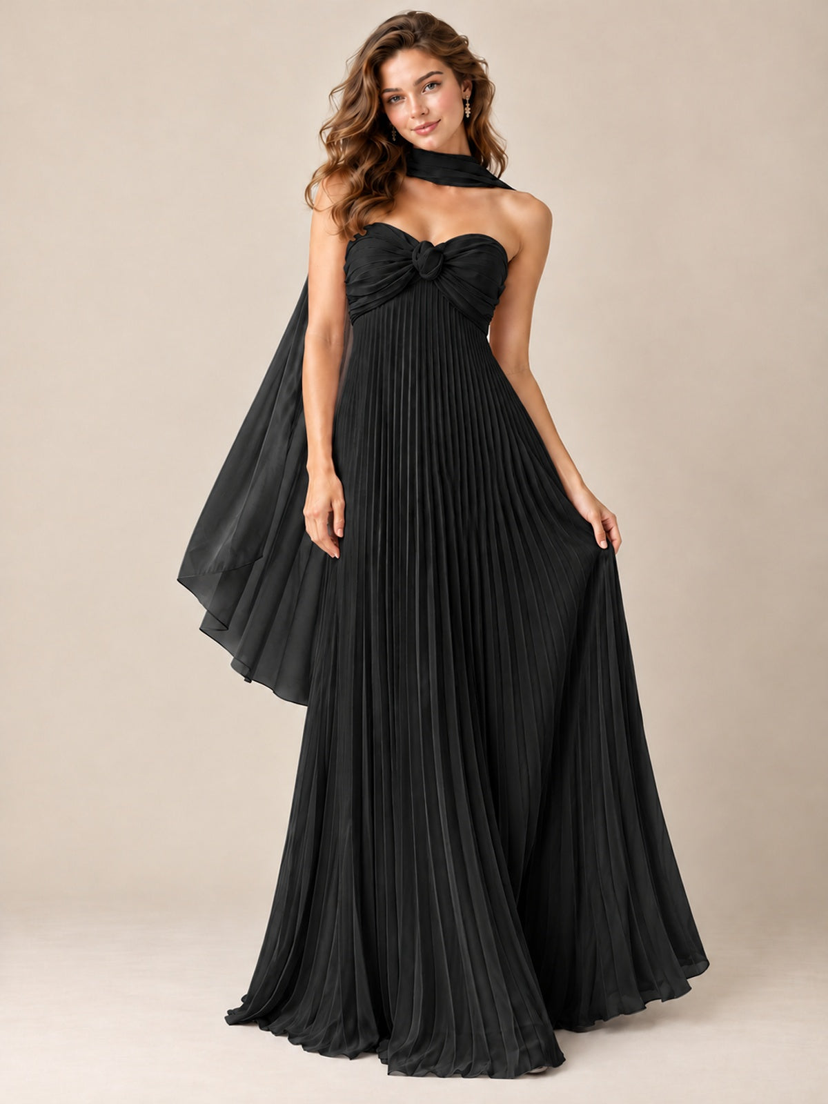 Sweetheart Neckline Pleated Prom Dress Strapless A-line Formal Dress with Flowy Scarf