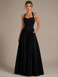 Light Yellow Halter Neck Satin A-Line Maxi Dress with Pockets