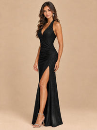 Halter V-Neck Sequin Mermaid Prom Dress with High Slit