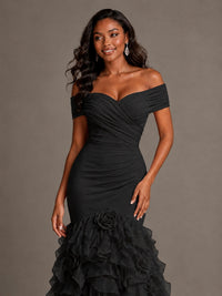 Pink Off-the-Shoulder Mermaid Prom Dress with Ruffles 3D Flowers