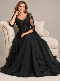 Sequin Lace A-Line Mother of the Bride Dress with 3/4 Sleeves