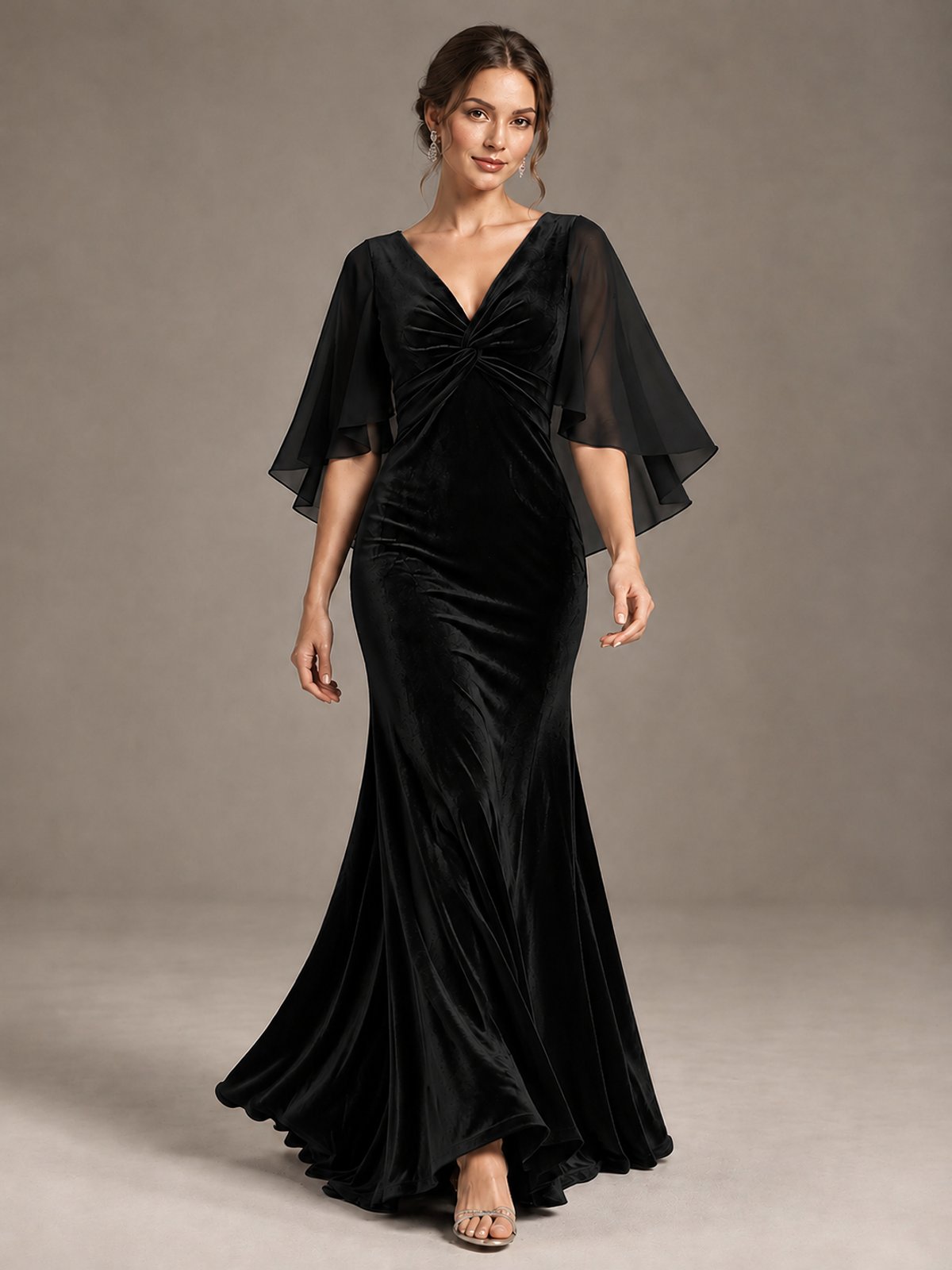 Navy Blue Velvet V Neck Mermaid Formal Dress with Flutter Cape Sleeves