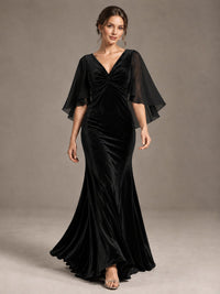 Navy Blue Velvet V Neck Mermaid Formal Dress with Flutter Cape Sleeves