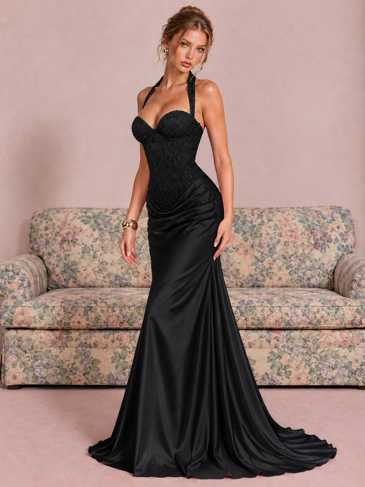 Sparkling Halter Corset Satin Mermaid Prom Dress