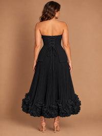 Navy Blue Strapless Pleated A-Line Midi Dress with 3D Floral Applique