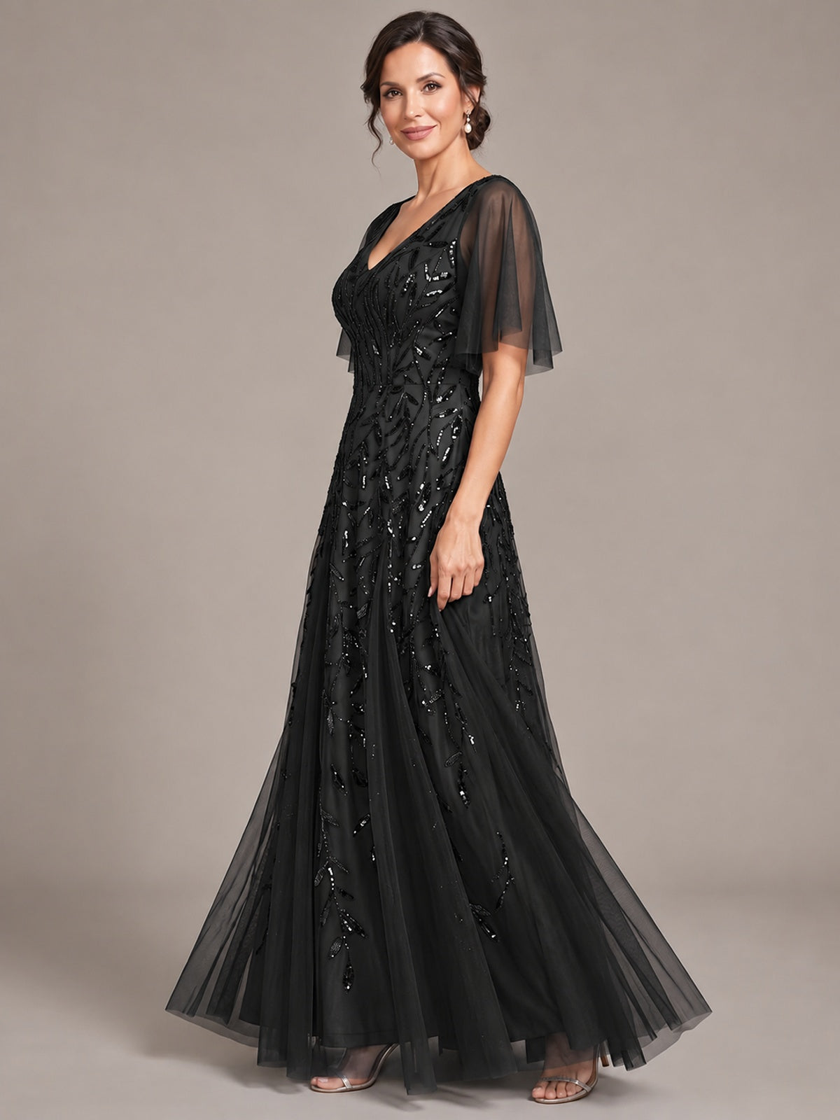V-Neck Sequin Tulle Mother of the Bride Dress with Flutter Sleeve