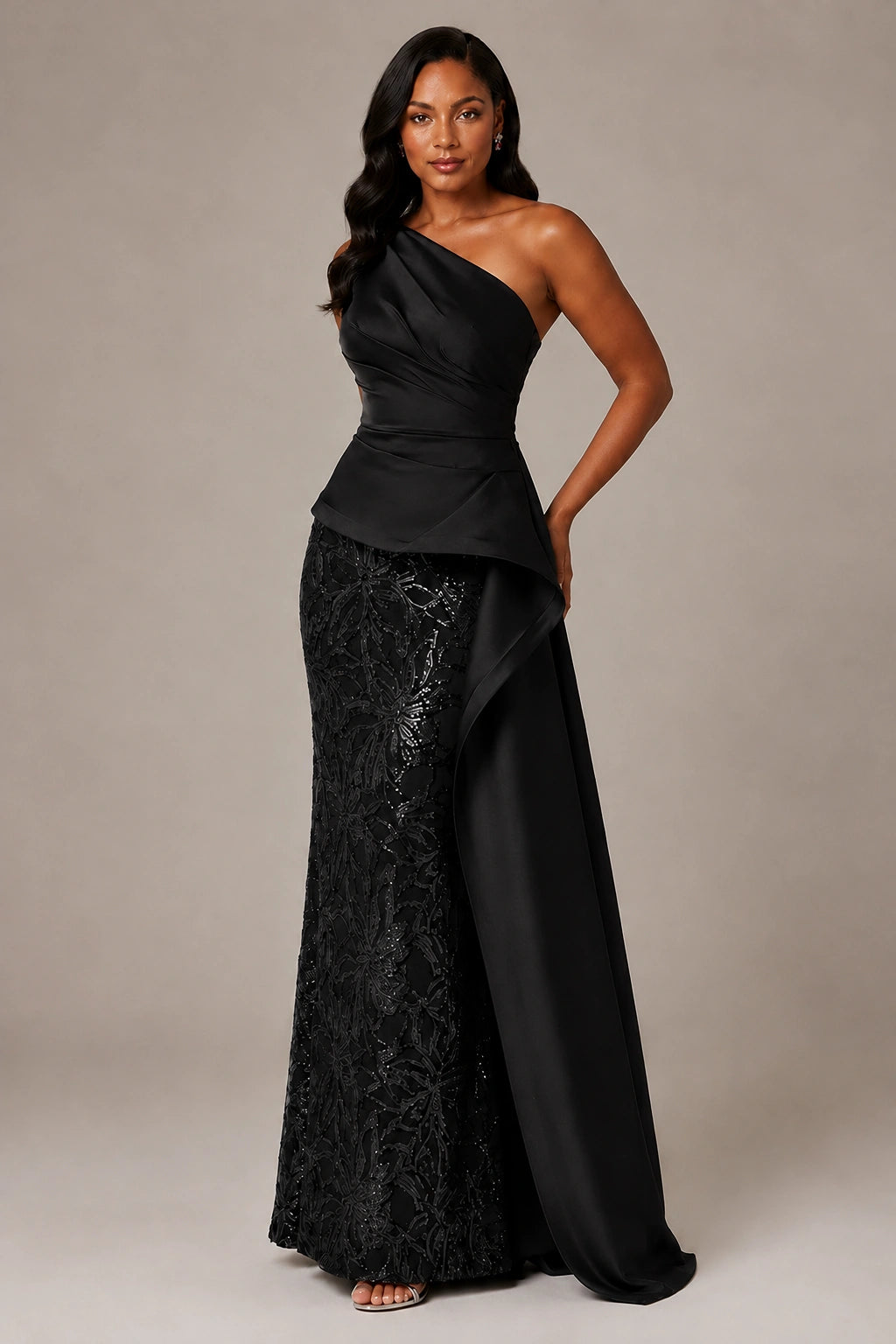 One-Shoulder Mother of the Bride Dress with Sequin Skirt and Peplum