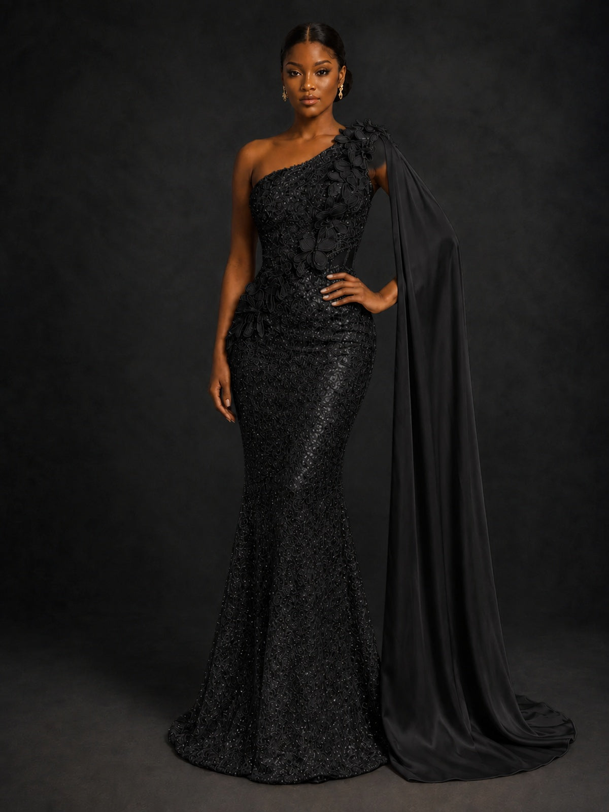 Gold Sequin One Shoulder Mermaid Prom Dress with Cape