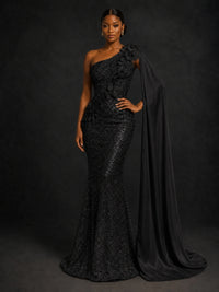 Gold Sequin One Shoulder Mermaid Prom Dress with Cape