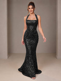 Gold Halter Sequin Mermaid Ruched Prom Dress Long Ruched Evening Gown