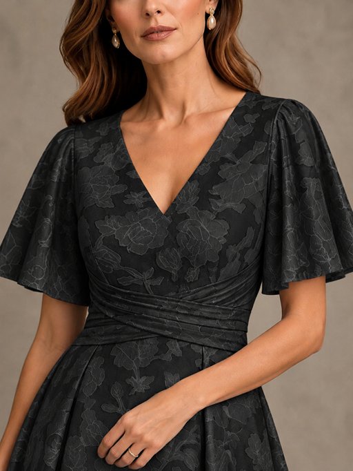 V-Neck Floral Jacquard Tea-Length Mother of the Bride Dress