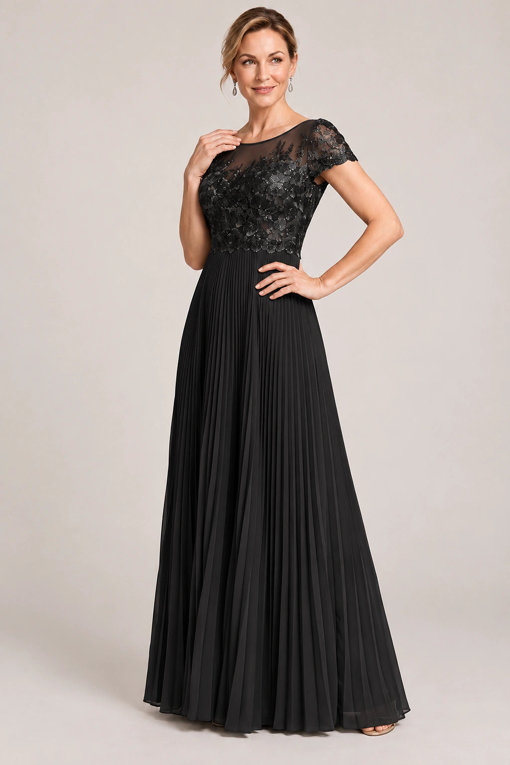 Embroidered Lace Pleated Mother of the Bride Dress