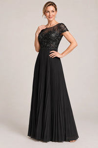 Embroidered Lace Pleated Mother of the Bride Dress