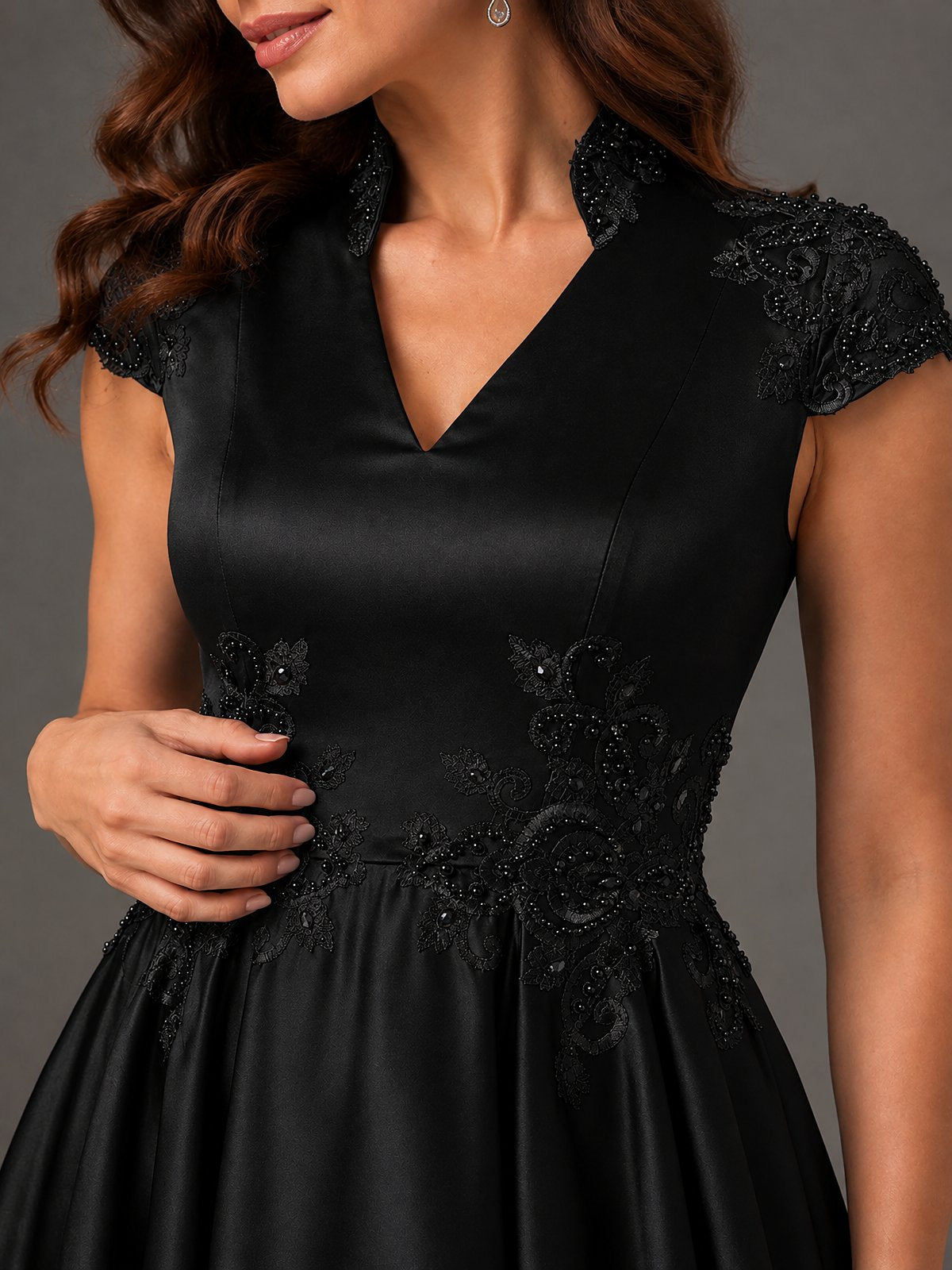 Lace Appliqué A-Line Satin Maxi Dress