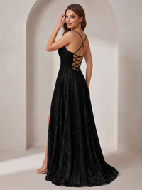 Sparkly Cowl Neck Corset Long Prom Dress with Slit A-line Tulle Ball Gown
