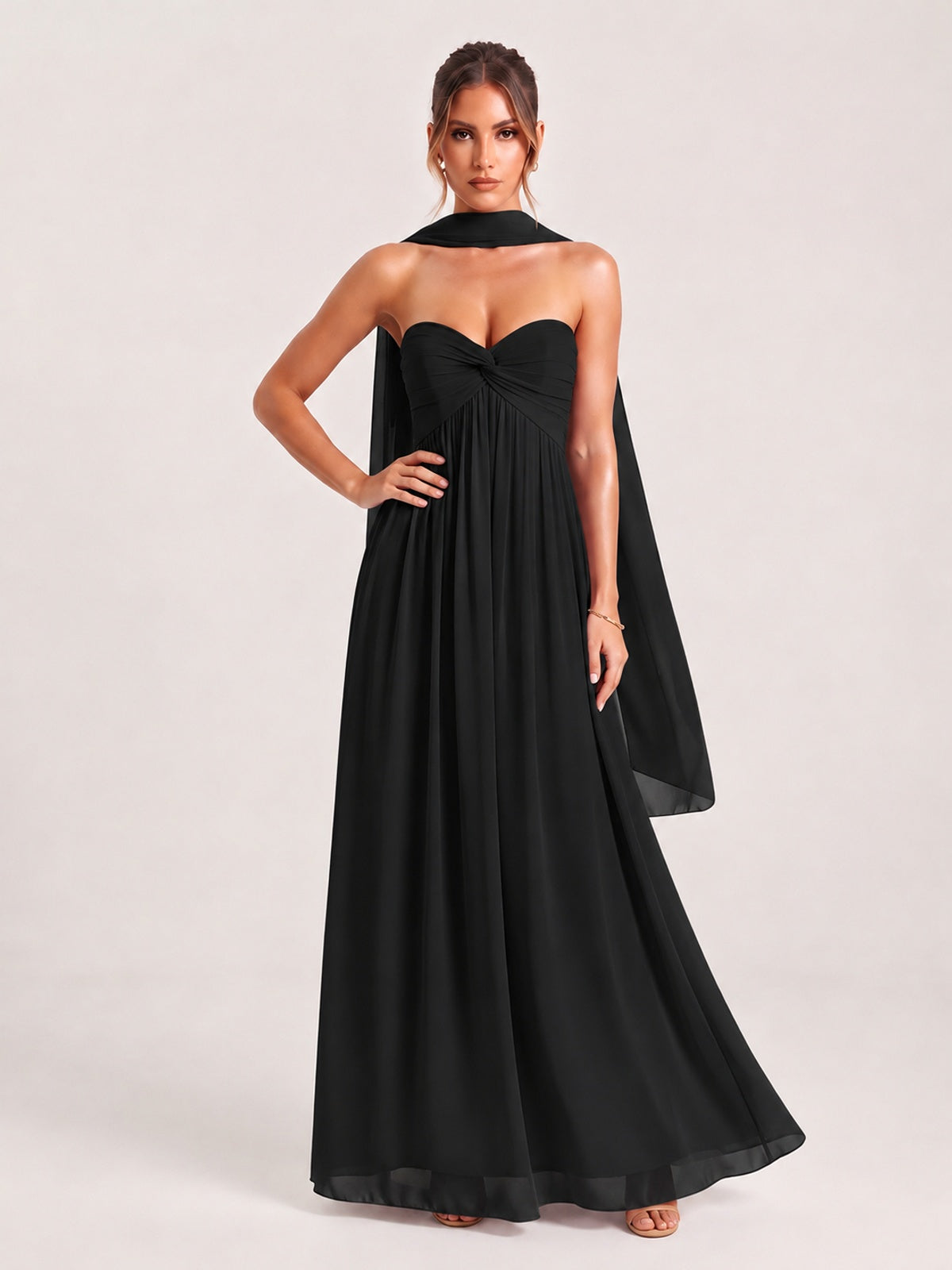 Strapless Ruched Chiffon Long Prom Dress with Scarf