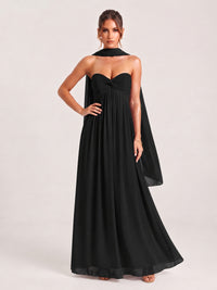 Strapless Ruched Chiffon Long Prom Dress with Scarf