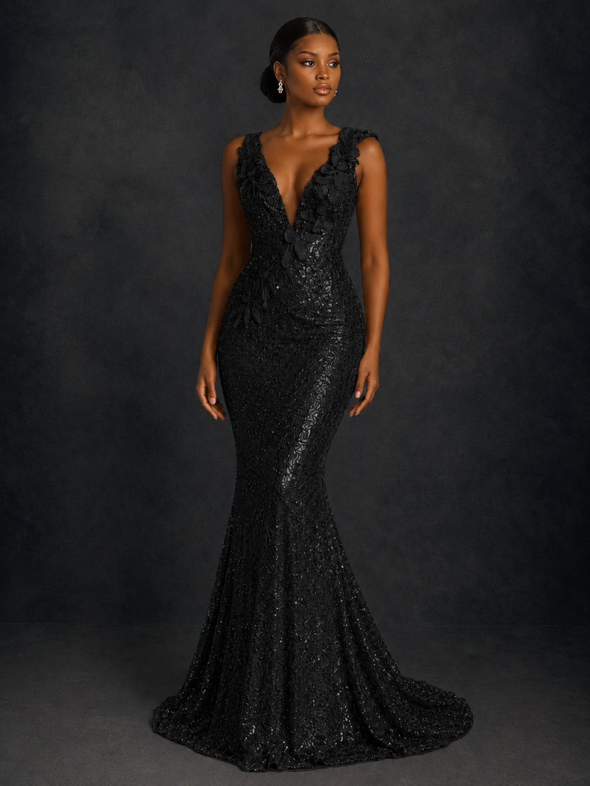 Gold Sequin Floral Applique Mermaid Prom Dress