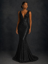 Gold Sequin Floral Applique Mermaid Prom Dress