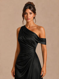 Satin One Shoulder Prom Dress Ruched Long Formal Evening Gown