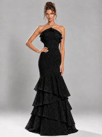 Halter Tiered Mermaid Prom Dress with Sparkly Lace