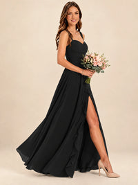 Spaghetti Straps Pleated Chiffon Bridesmaid Dress with Ruffle Slit