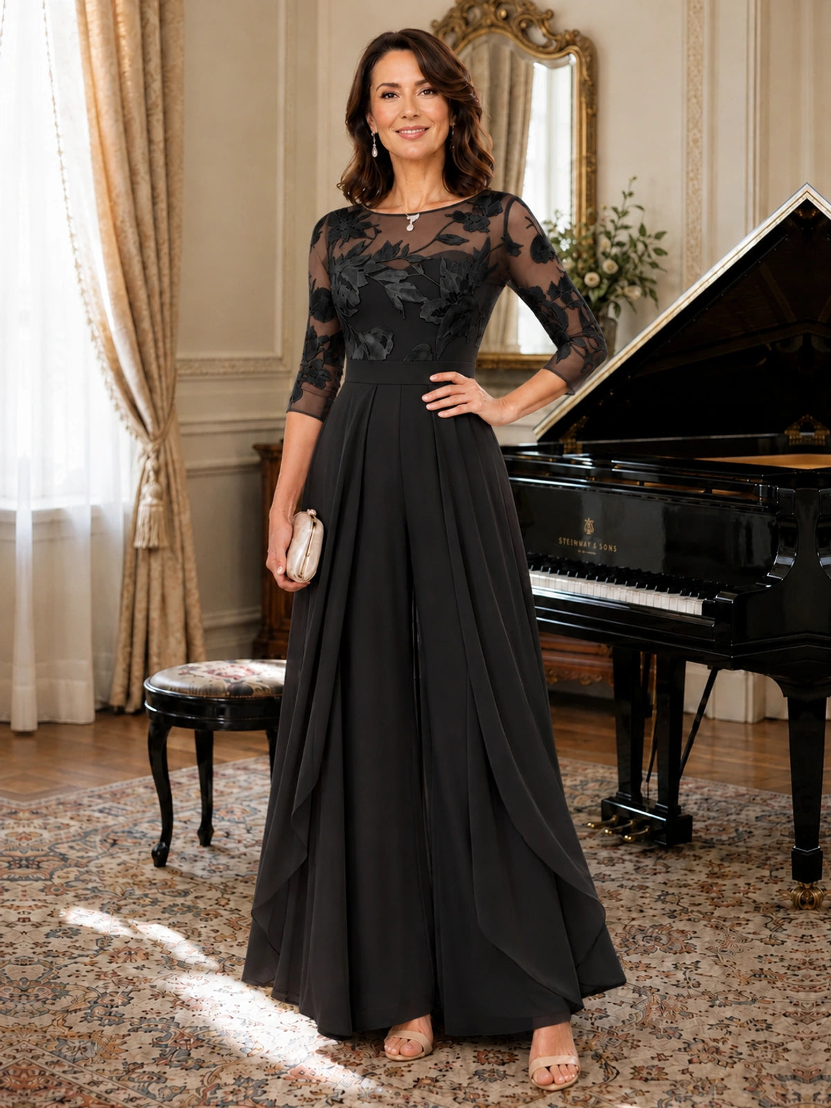 Lace Applique Wide-Leg Chiffon Mother of the Bride Jumpsuit