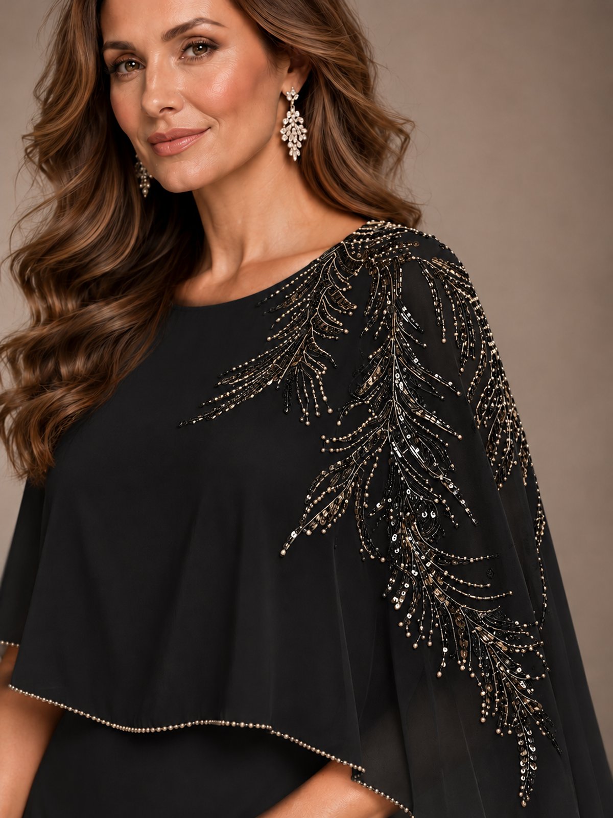 Elegant Chiffon Cape Sleeve Beaded Mother of the Bride Dress