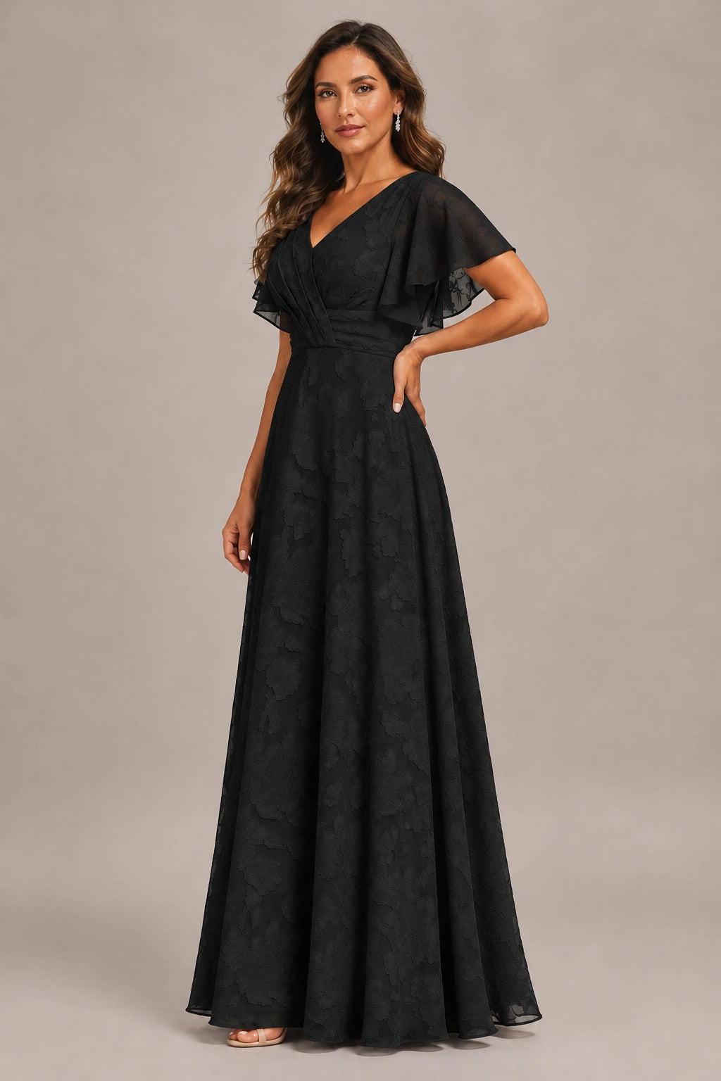 Jovellee Floral Chiffon A-Line Mother of the Bride Dress with Flutter Sleeves