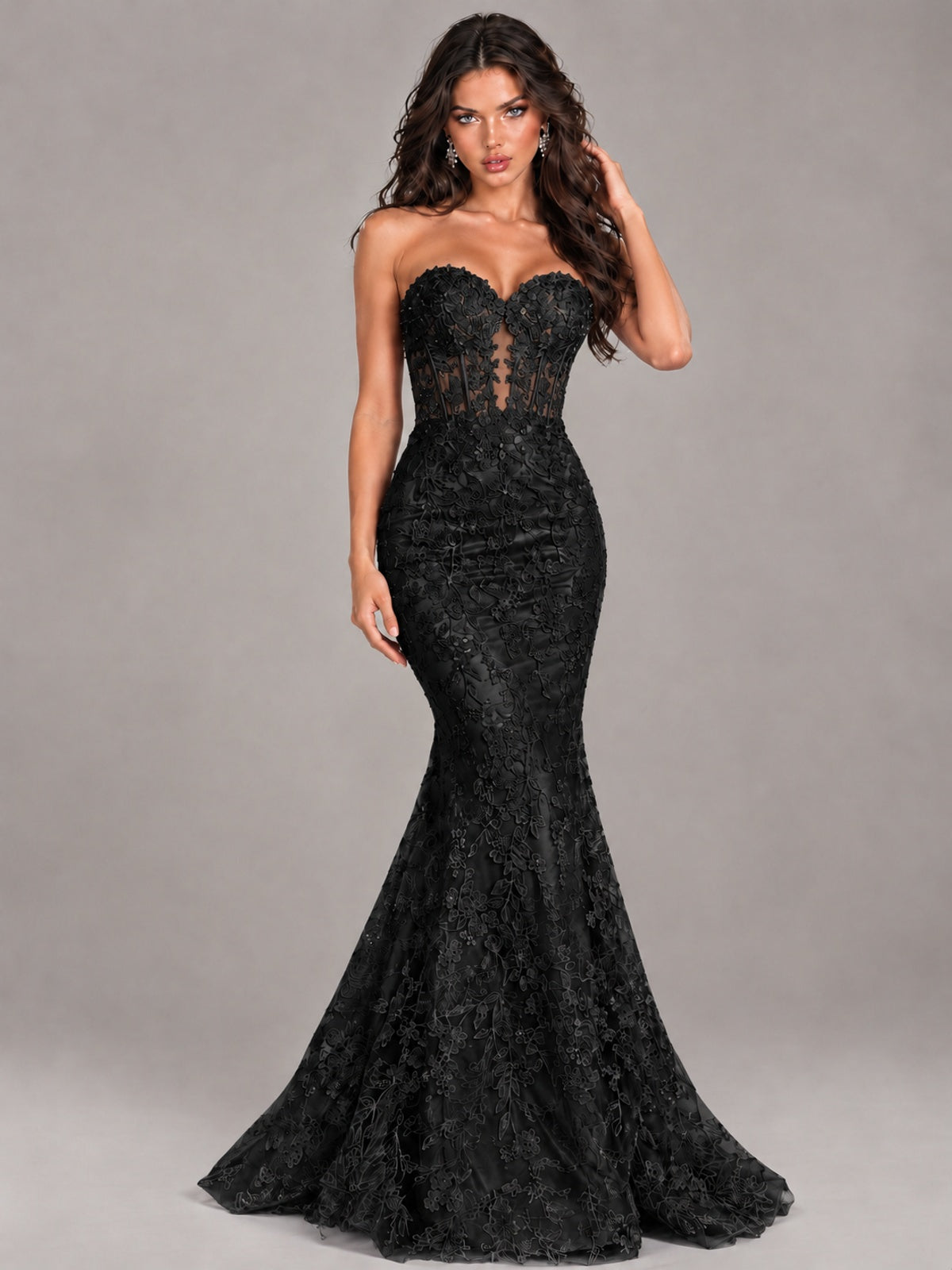 Strapless Corset Mermaid Prom Dress Lace Appliqué Formal Gown